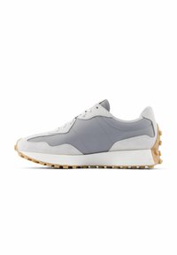 Gray and white athletic shoe featuring suede and leather materials, textured tread sole, and a smooth design with minimal branding.