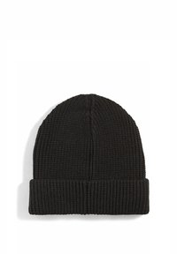 Black knitted beanie with a folded cuff, shown flat on a white background.