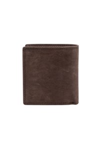 Cartera de cuero marrón con textura suave, diseño de doble pliegue y costuras contrastantes. Apariencia minimalista sin herrajes ni adornos visibles.