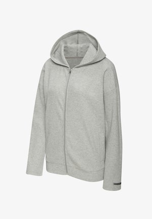 Light gray zip-up hoodie made of ribbed fabric. Features a hood, long sleeves, side pockets, and a small brand tag on the sleeve.