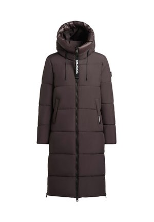 Long puffer coat in dark brown with a high collar and hood. Features a front zip closure, side pockets, and a logo tag on the neck.