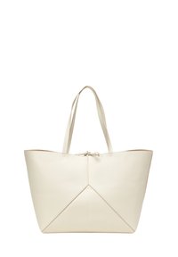 Sac fourre-tout en cuir blanc avec un design géométrique, doté de deux poignées plates et d'une fermeture à cordon en haut pour une sécurité optimale.