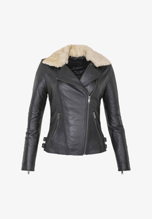 Schwarze Lederjacke mit einem hellbraunen Kunstfellkragen, asymmetrischem Reißverschluss, zwei Seitentaschen und verstellbaren Riemen an den Seiten.