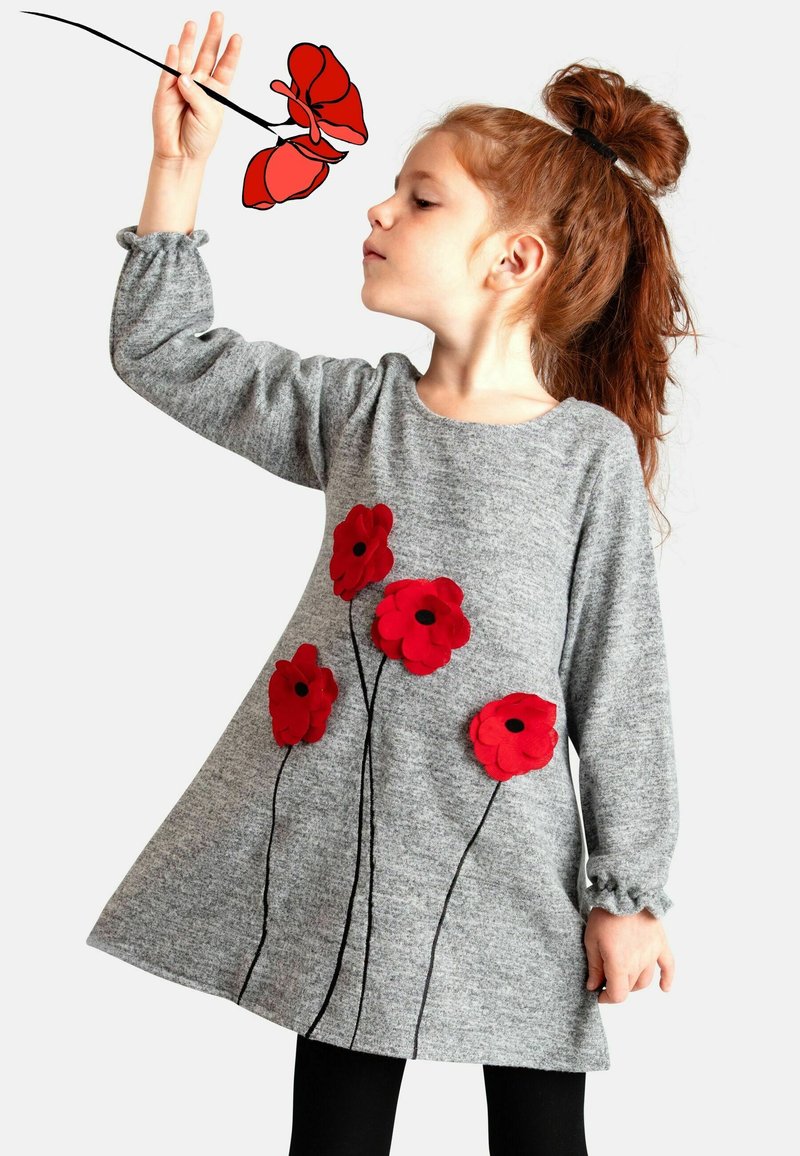 Siva dolga obleka z dolgimi rokavi, okrašena z rdečimi čutenimi cvetnimi aplikacijami in črnimi nitmi, z sproščenim krojem in nabranimi manšetami.
