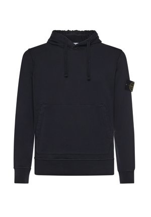 Zwarte hoodie met lange mouwen, voorvak in kangoeroestijl, verstelbare capuchon met trekkoorden, geribbelde manchetten en zoom, en een logo op de linkermouw.