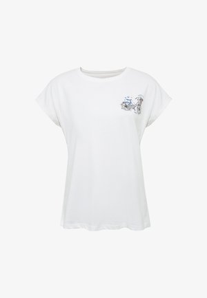 Weißes T-Shirt mit kurzen Ärmeln und einer kleinen Grafik eines Fahrrads mit Blumen und fliegenden blauen Vögeln auf der linken Brustseite.