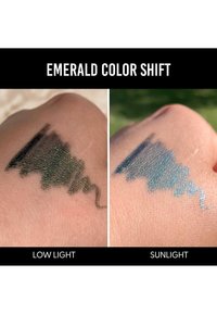 Traccia di eyeliner smeraldo su un polso; a sinistra mostra un verde scuro con riflessi in condizioni di scarsa illuminazione, a destra si sposta verso un blu verditerra alla luce del sole.