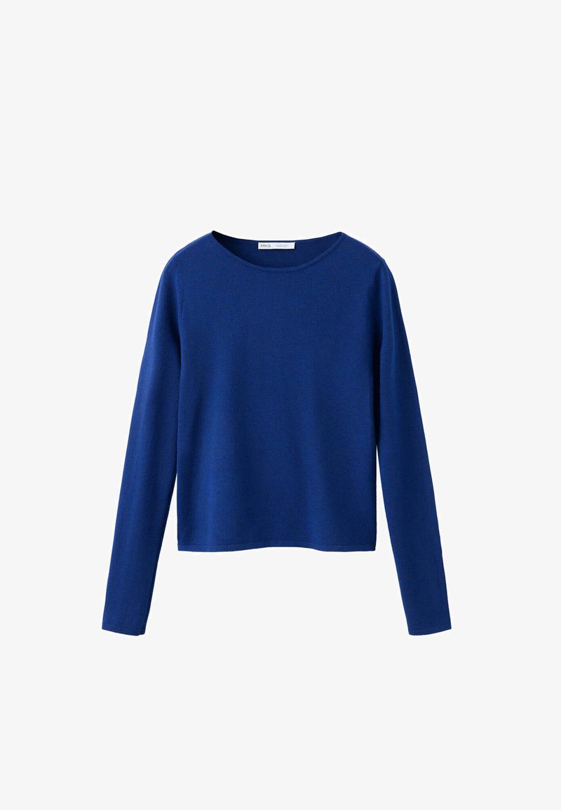 Pull bleu à manches longues avec col rond, design simple et uni, et ourlet droit, présenté sur fond blanc.