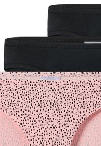 Drei Unterwäscheteile: Eines ist schwarz und aus einfarbigem Stoff; das andere hat einen hellpinken Grund mit schwarzen Sprenkeln. Aus weichem, dehnbarem Material.