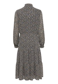 Jurk met bloemenprint, hoge kraag, lange mouwen en een getailleerde taille, met een gelaagde rok in blauw, geel en wit.