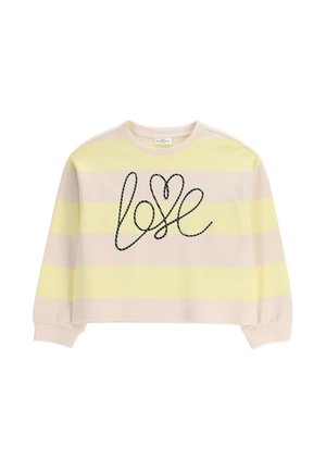 Bluza z długim rękawem w pastelowo-żółte i beżowe paski, z czarnym kursywnym napisem "love" i grafiką serca na przodzie.