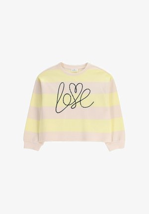 Bluza z długim rękawem w pastelowo-żółte i beżowe paski, z czarnym kursywnym napisem "love" i grafiką serca na przodzie.