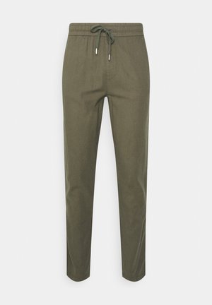 Khaki pants, made of lightweight material, feature an elastic waistband with a drawstring and tapered legs. Smooth texture with no visible patterns.