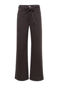 Pantalon noir à jambes larges avec bouton sur le devant, fermeture éclair, poches latérales et arrière, et ceinture en tissu assortie nouée à la taille.