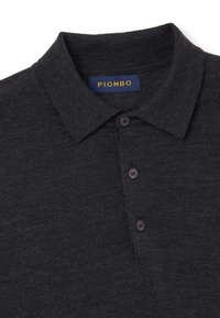 Dunkelgraues Poloshirt aus feinem Strickstoff, mit Kragen, dreiknöpfiger Knopfleiste und einem Etikett mit dem Schriftzug "PIOMBO" in Goldtext.