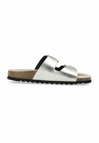 Metalliska silvriga slingback-sandaler med två överlappande remmar, korkfotbädd och texturerad svart gummisula. Har en slät läderfinish.