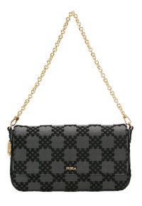 Czarna i szara pleciona kopertówka z złotym łańcuszkiem i złotymi elementami metalowymi. Posiada wzór w kratkę oraz logo z przodu.