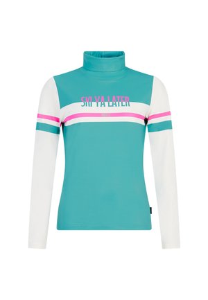 Turqoise lange mouwen top met een opstaande kraag. Beschikt over witte mouwen en horizontale roze en witte strepen. Tekst leest "SKI YA LATER."