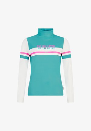 Tirkizna majica dugih rukava s lažnim ovratnikom. Ima bijele rukave i horizontalne ružičaste i bijele pruge. Natpis glasi "VIDIMO SE NA SKIJANJU".