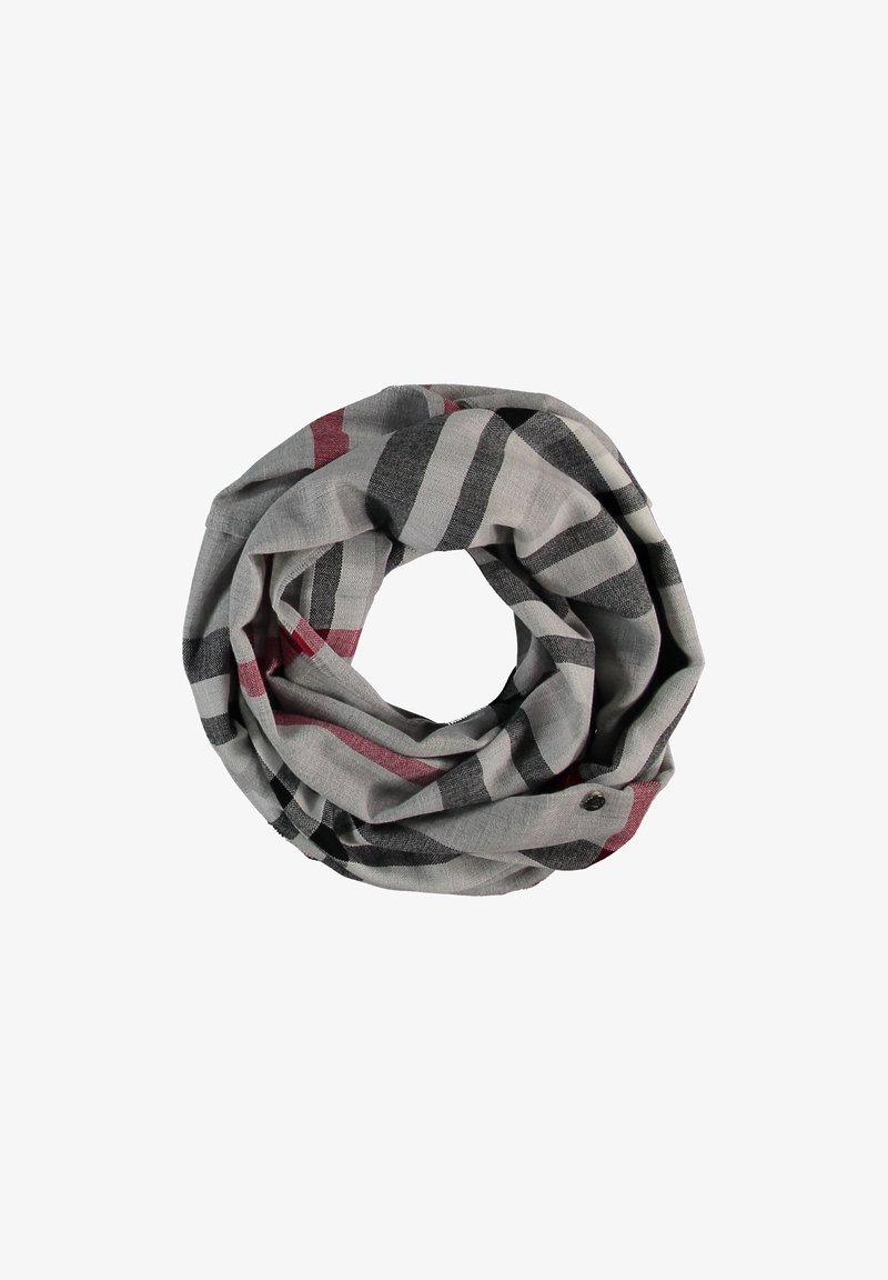 Écharpe infini rayée grise et rouge, fabriquée en tissu léger, avec un design en boucle et une texture douce avec des détails subtils.