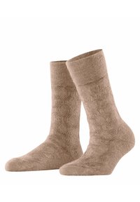 Skarpety z dzianiny w jasnobrązowym kolorze z fakturowanym wzorem zygzaka. Posiadają ściągacz na mankiecie oraz gładki, miękki materiał na całej powierzchni.