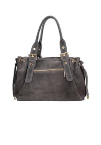 Grijze suede handtas met gouden hardware, dubbele korte handvatten, ritsvak aan de voorkant en trekkoordaccenten aan de zijkanten.
