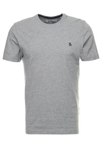 Gray cotton t-shirt with short sleeves, round neckline, and a small navy penguin logo on the left chest. Smooth texture, classic fit.