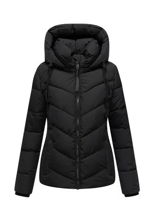 Giacca a vento nera con un design a spina di pesce, cappuccio regolabile, chiusura zip frontale e tasche laterali con polsini elasticizzati.