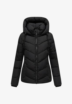 Schwarze Daunenjacke mit einem Wabensteppdesign, einer verstellbaren Kapuze, einem Reißverschluss und seitlichen Taschen mit elastischen Bündchen.