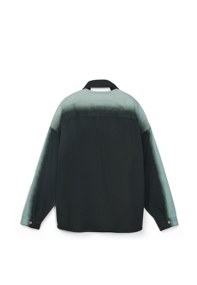 Pitkähihainen napitettava paita, jossa on värigradientti vaaleanvihreästä olkapäistä mustaan alaosaan, nähtynä takaa.