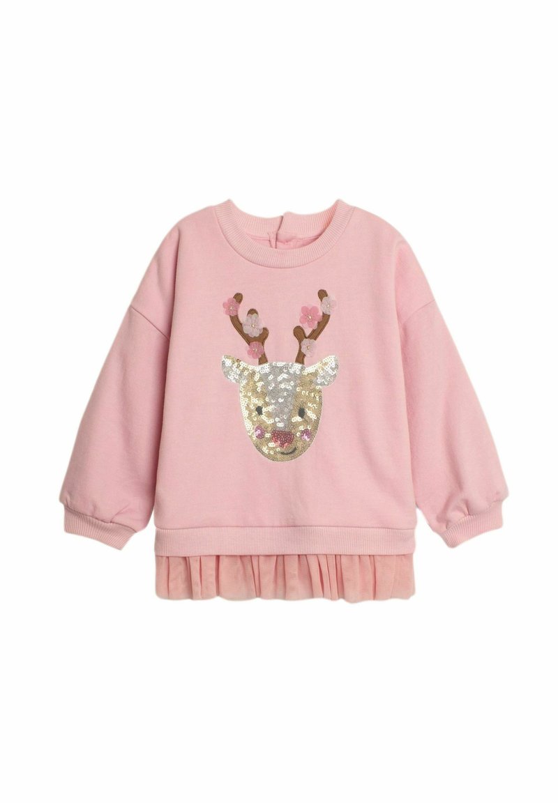 Sweatshirt roz cu un design strălucitor al unei fețe de cerb. Prezintă mâneci pufoase și o margine ondulată. Material moale cu embellismente florale.