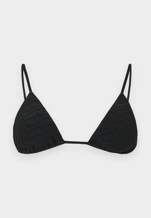 Sort trekants-bikinitop med tynde dobbelte skulderstropper og subtilt tekstureret mønster på stoffet, vist på en ensartet lys baggrund.
