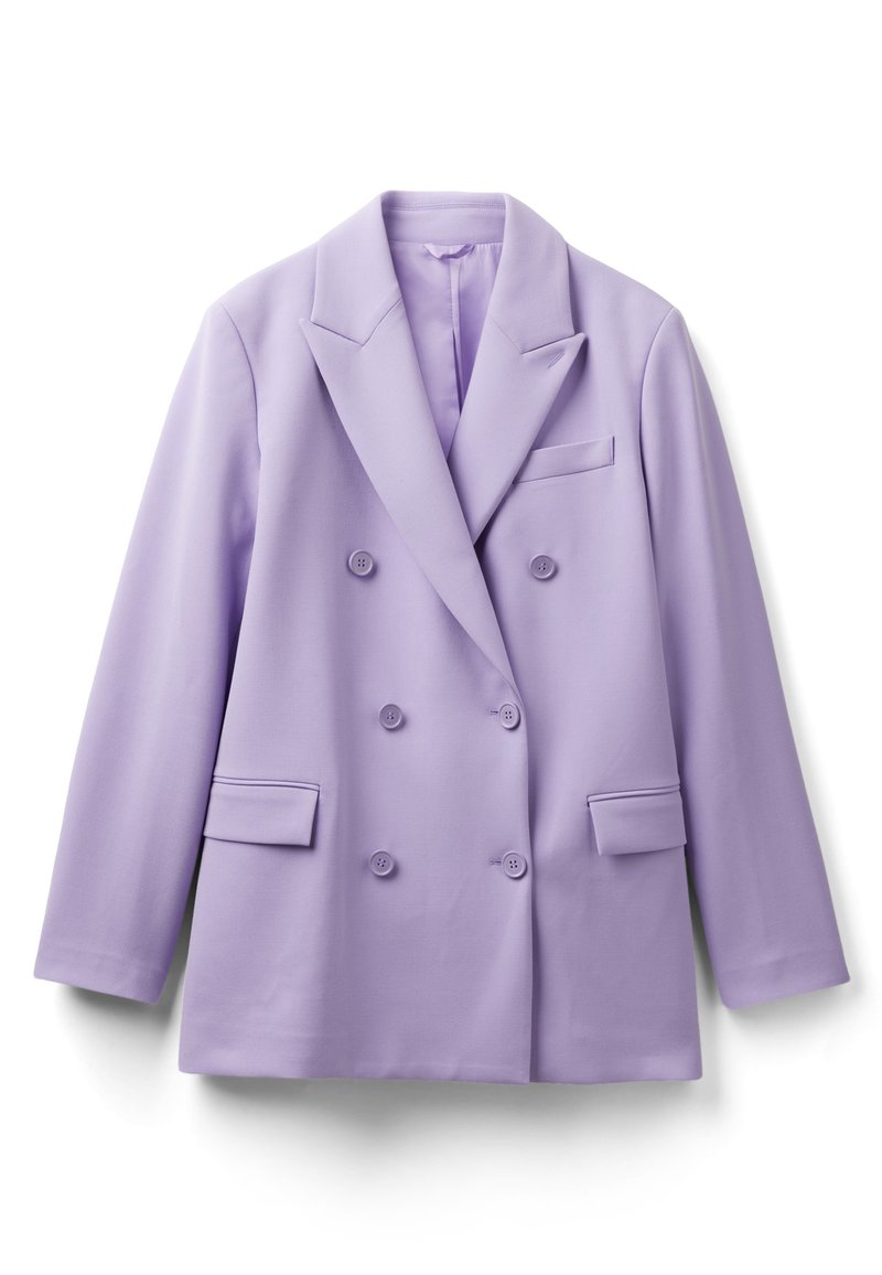 Doppelt geknöpfter Blazer in hellem Lavendel, mit Reverskragen, zwei Vordertaschen und sechs Knöpfen. Glattes Material mit taillierter Passform.