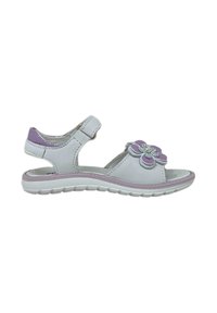 Sandalo bianco con dettagli viola, motivo floreale sul davanti, cinturino regolabile, retro aperto, suola texture e soletta imbottita per il supporto.