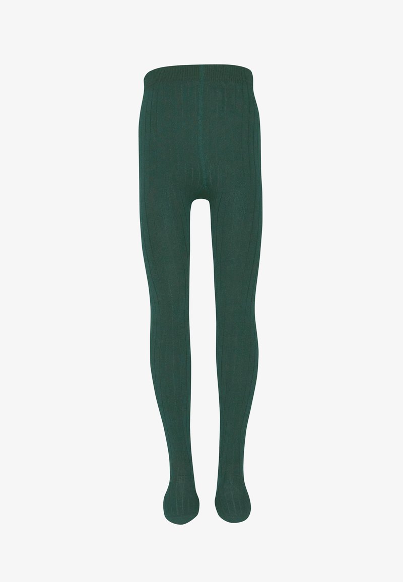 Collants côtelés verts foncés avec une taille élastique, finition lisse et design de pied sans couture, adaptés pour être portés en superposition ou seuls.