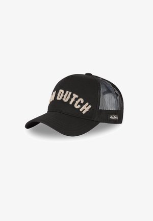 Casquette de camionneur noire avec "Von Dutch" brodé en beige sur le devant et panneaux arrière en mesh noir.