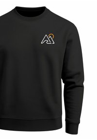 Black sweatshirt with a crew neck, ribbed cuffs, and hem. Features a white and orange logo on the chest. Cotton blend texture.