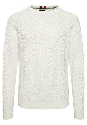 White knitted sweater with textured cable patterns, crew neck, and ribbed cuffs. Features contrasting stripes at the collar.