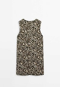 Leopard print sleeveless top in beige and black. Smooth textile with a high neckline and a straight cut hem. No visible closures.