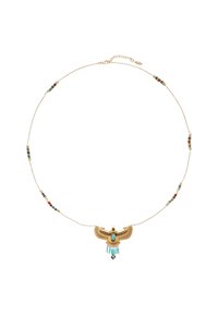 Collier doré avec un pendentif en forme d'aigle ornés d'une pierre turquoise, décoré de perles colorées le long de la chaîne.