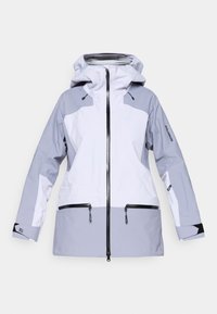 Vodoodporna jakna v svetlo sivi in beli barvi, z zadrgo spredaj, nastavljivo kapuco in žepi z zadrgo. Gladek, trpežen material s kontrastnimi akcenti.