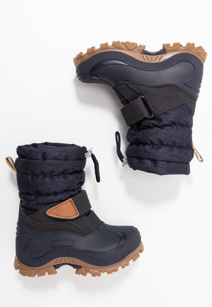 Bottes d'hiver noires pour enfants avec semelles en caoutchouc marron clair, brides réglables et parties supérieures en tissu isolant.