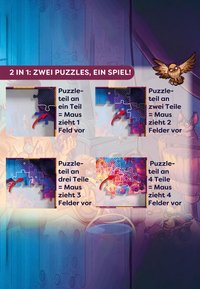 Grafik eines Puzzle-Spiels mit vier illustrierten Puzzlestücken in verschiedenen Formen und Farben. Die Anweisungen auf Deutsch erläutern die Bewegung basierend auf den angebundenen Teilen.