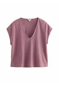 Top corto a maniche corte rosa, testurizzato, con scollatura a V profonda e vestibilità ampia. Il tessuto presenta un motivo sottile, creando un design leggero e traspirante.