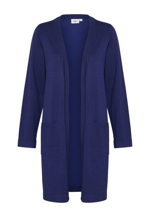Cardigan lungo aperto di un profondo blu navy, con due tasche frontali, maniche lunghe, polsini a coste e un motivo a maglia testurizzato.