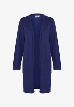 Ilgas atviras kardiganas tamsiai mėlynos spalvos, su dviem priekinių kišenių, ilgomis rankovėmis, ribotos apačios ir tekstūrinio mezgimo raštu.