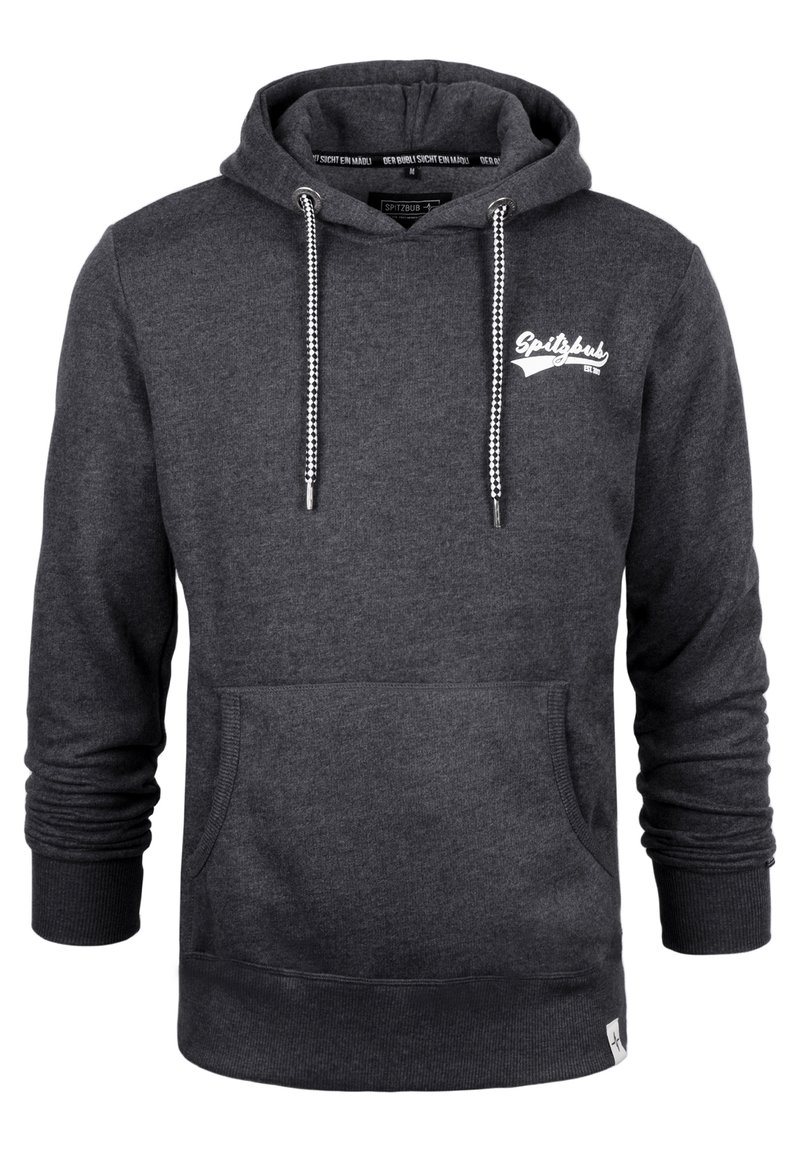 Donkergrijze hoodie van zacht materiaal, met een voorzak, ribgebreide manchetten en een capuchon met een koord in zwart-wit patroon.