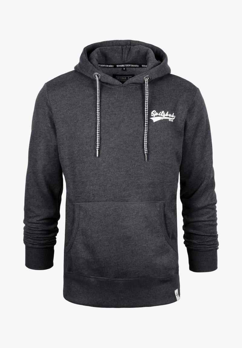 Dunkelgrauer Hoodie aus weichem Material, mit einer Fronttasche, gerippten Bündchen und einer Kapuze mit Kordelzug in Schwarz-Weiß-Muster.
