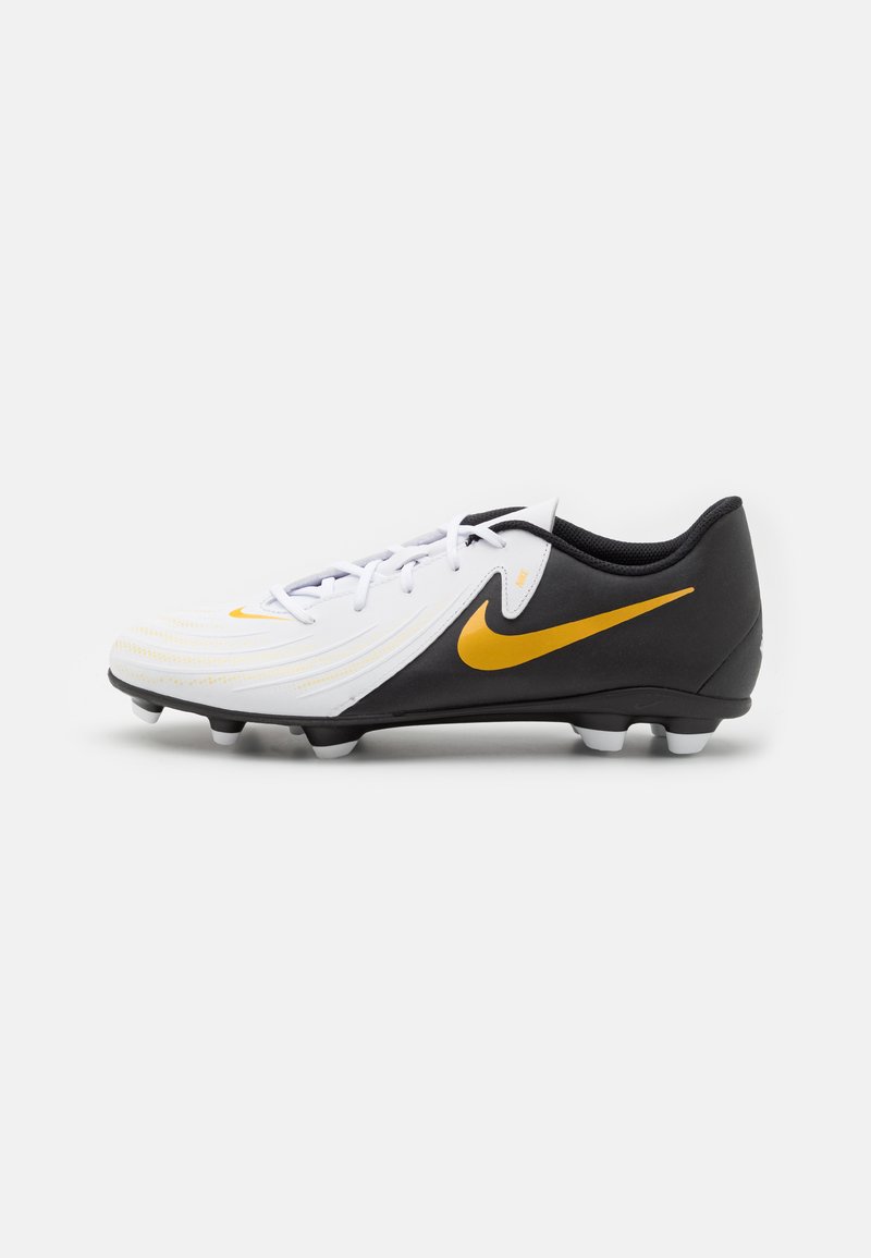 White and black soccer cleats with yellow accents, featuring a sleek design, textured synthetic upper, and molded studs for traction.