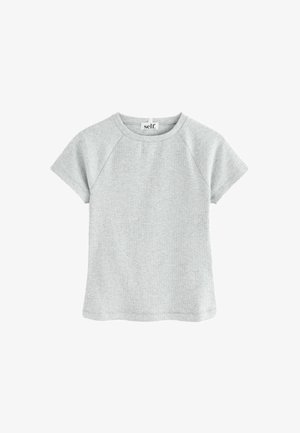 Harmaa lyhythihainen t-paita, jossa on pyöreä kaula-aukko, valmistettu tekstuurimateriaalista, raglan-hihallisena ja suoran helman kera.